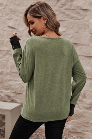 Moss Green Contrast V Neck Button Cuffed Long Sleeve Top