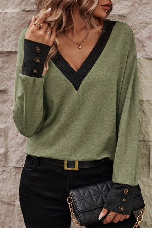 Moss Green Contrast V Neck Button Cuffed Long Sleeve Top