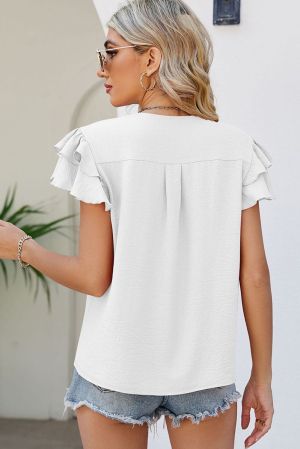 White V Neck Ruffle Short Sleeve Blouse