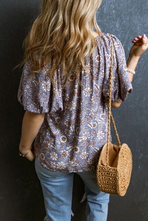 Дамска блуза с къс ръкав и флорален принт, 100% вискоза