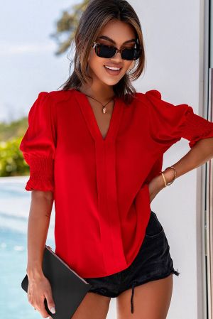 Fiery Red Solid Color Half Sleeve V Neck Blouse