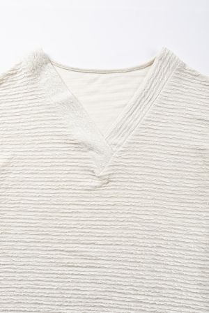 Pale Khaki Textured Wide Sleeve V Neck T Shirt