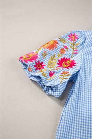 Light Blue Gingham Floral Embroidered Puff Sleeve Blouse