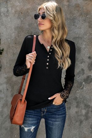 Black Crochet Lace Hem Sleeve Button Top