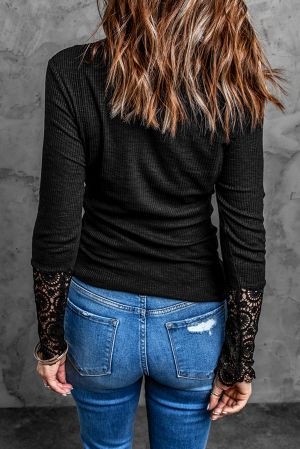 Black Crochet Lace Hem Sleeve Button Top