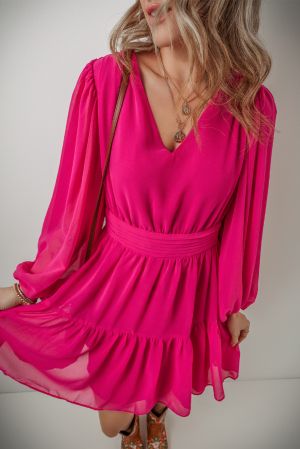 Rose Red Puff Long Sleeve V Neck Pleated Mini Dress