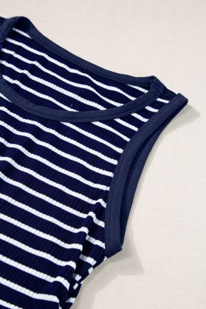 Blue Striped Print Ribbed O-neck Sleeveless Top