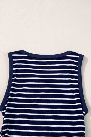 Blue Striped Print Ribbed O-neck Sleeveless Top