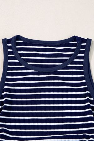 Blue Striped Print Ribbed O-neck Sleeveless Top