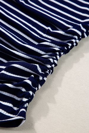 Blue Striped Print Ribbed O-neck Sleeveless Top