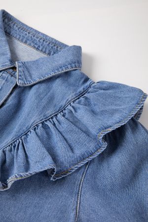 Dusk Blue Denim Ruffled Casual Top