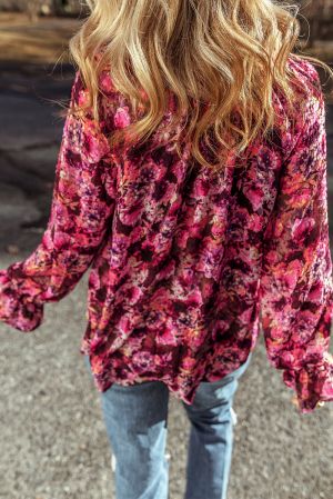 Rose Red Floral Allover Print Drawstring Ruffled V Neck Loose Blouse