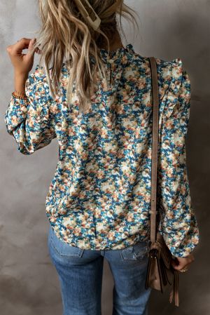 Sky Blue Floral Print Frilled Mock Neck Puff Sleeve Blouse