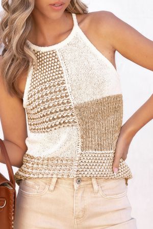 White Colorblock Knitted Sleeveless Top