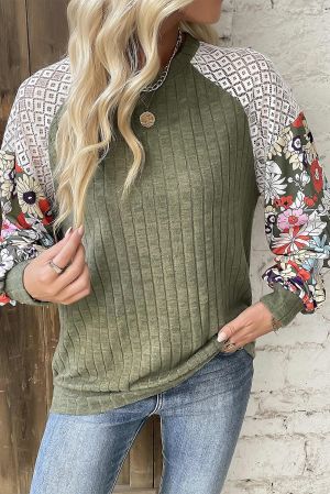 Laurel Green Floral Patchwork Long Sleeve Ribbed Blouse