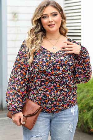 Black V Neck Bubble Sleeve Floral Blouse