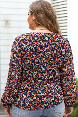 Black V Neck Bubble Sleeve Floral Blouse