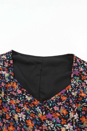 Black V Neck Bubble Sleeve Floral Blouse