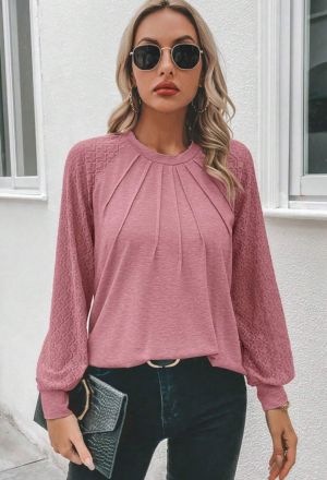 Gray Contrast Lace Raglan Sleeve Plicated Knit Top