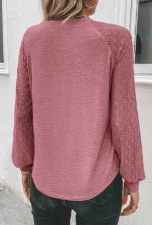 Gray Contrast Lace Raglan Sleeve Plicated Knit Top