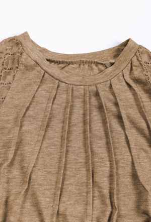 Gray Contrast Lace Raglan Sleeve Plicated Knit Top