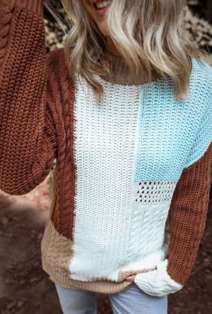 Pink Colorblock Textured Knit Bubble Sleeve Sweater