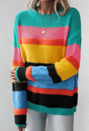 Pink Colorblock Textured Knit Bubble Sleeve Sweater