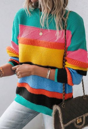 Pink Colorblock Textured Knit Bubble Sleeve Sweater