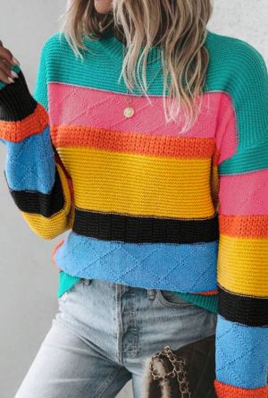 Pink Colorblock Textured Knit Bubble Sleeve Sweater