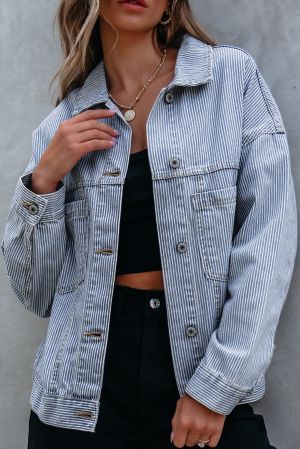 Sky Blue Stripe Washed Oversize Pocketed Denim Jacket