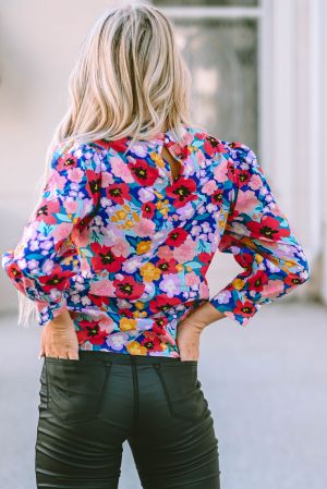 Blue Mock Neck Bubble Sleeve Floral Print Blouse