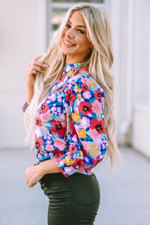 Blue Mock Neck Bubble Sleeve Floral Print Blouse