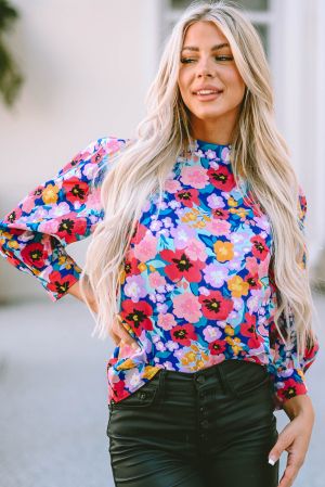 Blue Mock Neck Bubble Sleeve Floral Print Blouse