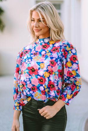 Blue Mock Neck Bubble Sleeve Floral Print Blouse