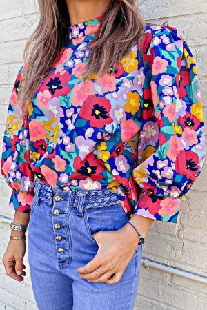 Blue Mock Neck Bubble Sleeve Floral Print Blouse