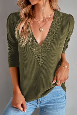 Green Lace Patchwork V Neck Waffle Knit Top