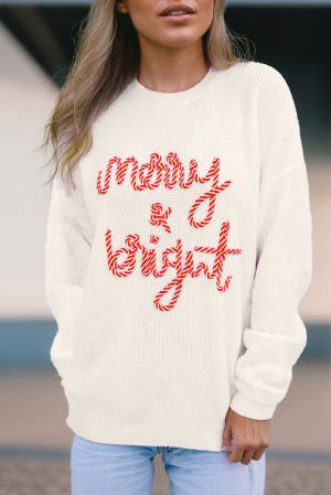 White Striped Merry Bright Letter Christmas Sweater