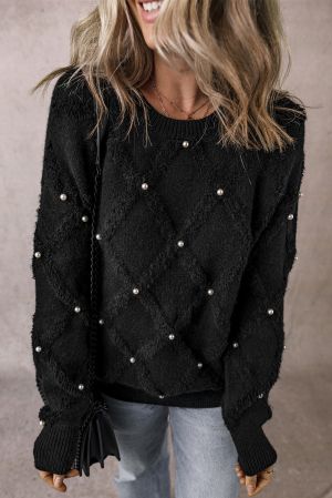 Black Pearl Embellished Rhombus Pattern Sweater