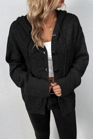 Black Ribbed Knit Bow Front Buttoned Cardigan