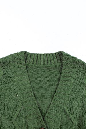 Green Front Pockets Buttons Textured Cardigan