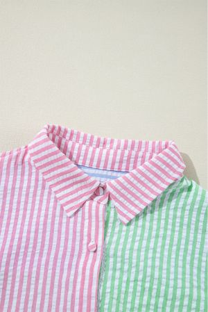 Pink Stripe Color Block Balloon Sleeve Buttoned Loose Fit Shirt