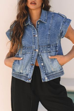 Black Raw Edge Ruffled Short Sleeve Denim Jacket