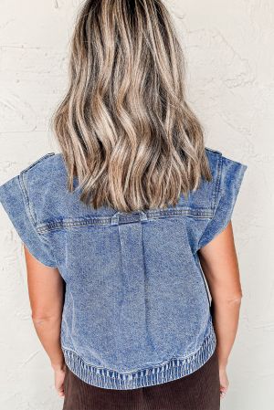 Black Raw Edge Ruffled Short Sleeve Denim Jacket