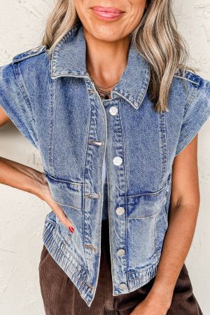 Black Raw Edge Ruffled Short Sleeve Denim Jacket