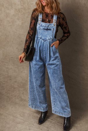 Beau Blue Light Wash Frayed Exposed Seam Wide Leg Denim Overall