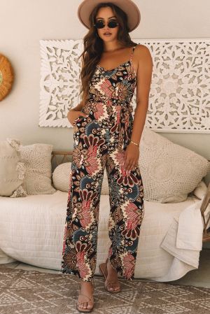 Rose Leopard Loose Sleeve Belted Wide Leg Jumpsuit