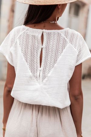 White Eyelet Embroidered Puff Sleeve V Neck Blouse