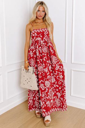 Red Floral Printed Spaghetti Strap Empire Waist Maxi Dress