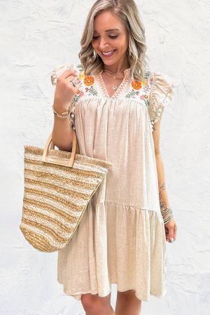 Jet Stream Linen Embroidery Split Neck Pom Pom Ruffle Sleeves Flowy Short Dress