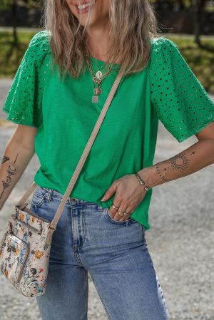 Bright Green Eyelet Embroidered Patchwork Shift Top